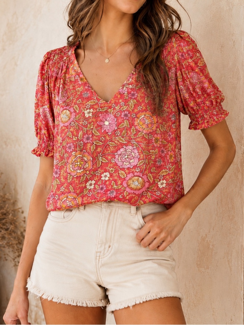 Rachel Zoe Red Floral Boho V Neck Puff Sleeve Top XS NWT Cottagecore